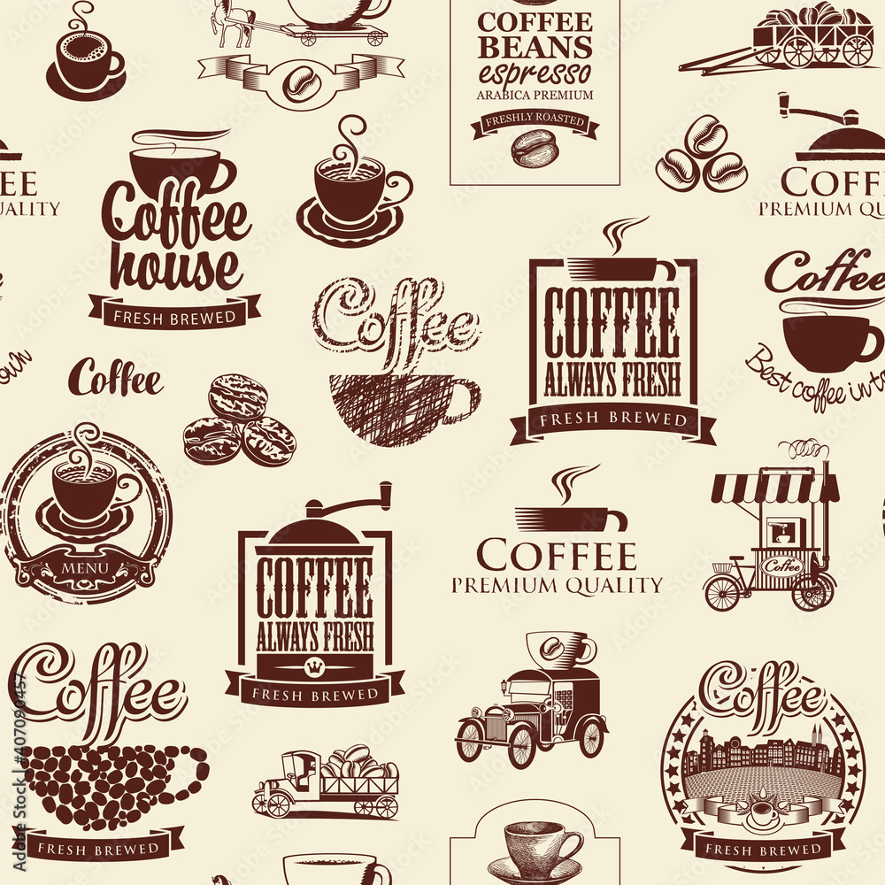 Vector seamless pattern on the coffee theme with brown coffee beans, inscriptions and illustrations on a beige background in retro style. Suitable for wallpaper, wrapping paper or fabric