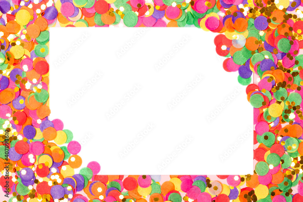 Festive background with blank white paper card on colorful confetti. Holiday or Invitation concept. Place for text. Flat lay, view from above. Festive background with blank white paper card on colorful confetti. Holiday or Invitation concept. Place for text. Flat lay, view from above.