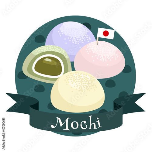 Mochi traditional Japanese dessert. Colorful illustration in cartoon style.