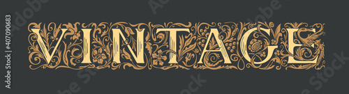 The inscription Vintage in the form of hand-drawn ornate letters in vintage style on a black background. Vector lettering stylish text. Suitable for t-shirt design, flyer, label, icon, card