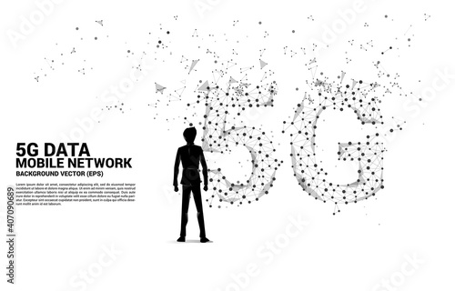 Silhouette of businessman and Polygon dot connect line shaped 5G mobile networking. Concept for mobile sim card technology and network.