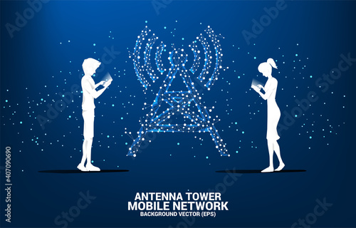 Silhouette of man and woman use mobile phone with Antenna Tower icon polygon style from dot and line connection. Concept of telecommunication mobile and data technology
