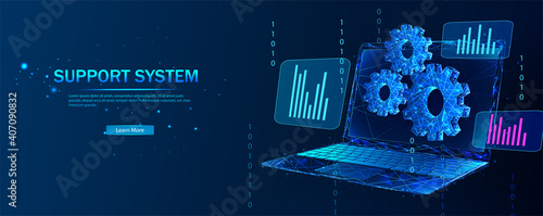 Technical support system. Remote access and control of a desktop computer or laptop via an Internet connection.  Software development. Abstract vector in futuristic polygonal style with wireframe. 