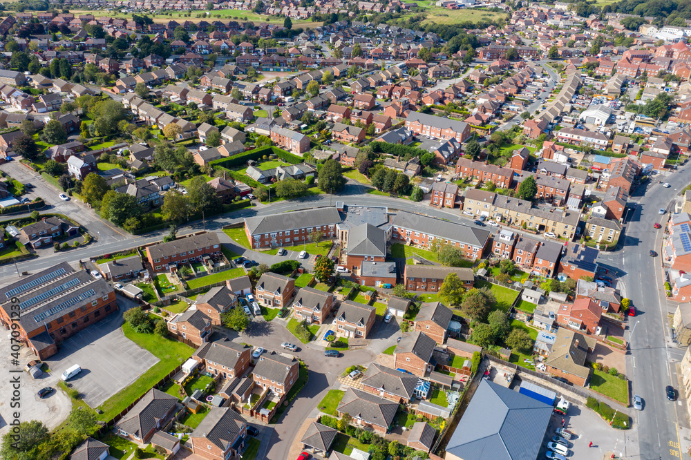 Aerial photo of the British town of Ossett, a market town within the metropolitan district of the City of Wakefield, West Yorkshire, England showing a typical UK housing estate