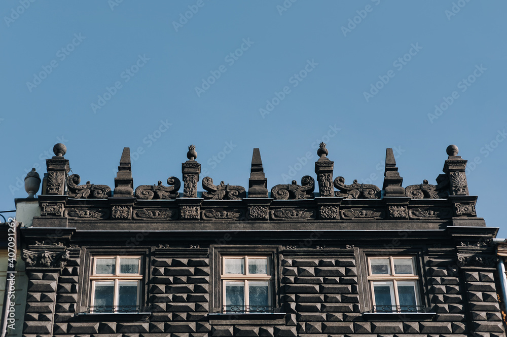 Roof of the Black House on the Lviv Market Square. The building is 1588. An example of the ancient architecture of Eastern Europe.