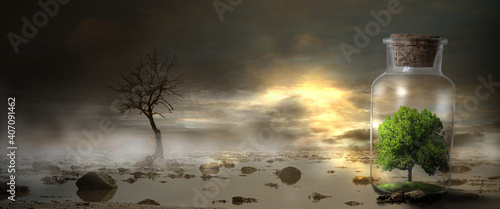 Φωτογραφία Environment Pollution - a green sustainable oak tree in a biosphere glass with c