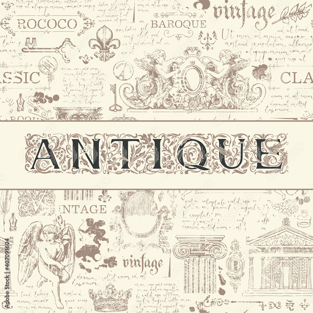 Vector banner for an antique shop with an ornate inscription ANTIQUE on an abstract monochrome background in a vintage style. Suitable for flyer, label, design element