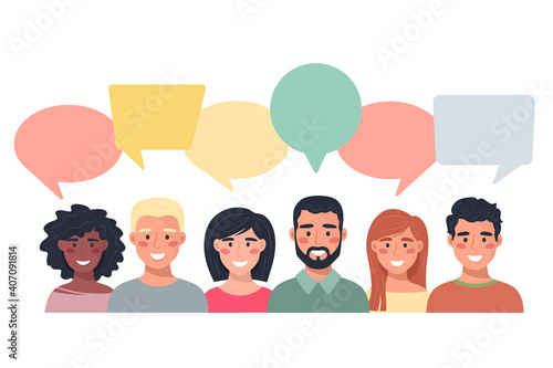 People avatars with speech bubbles. Communication of men and women, talking illustration. Team, conference, work, feedback. Vector illustration in flat style.