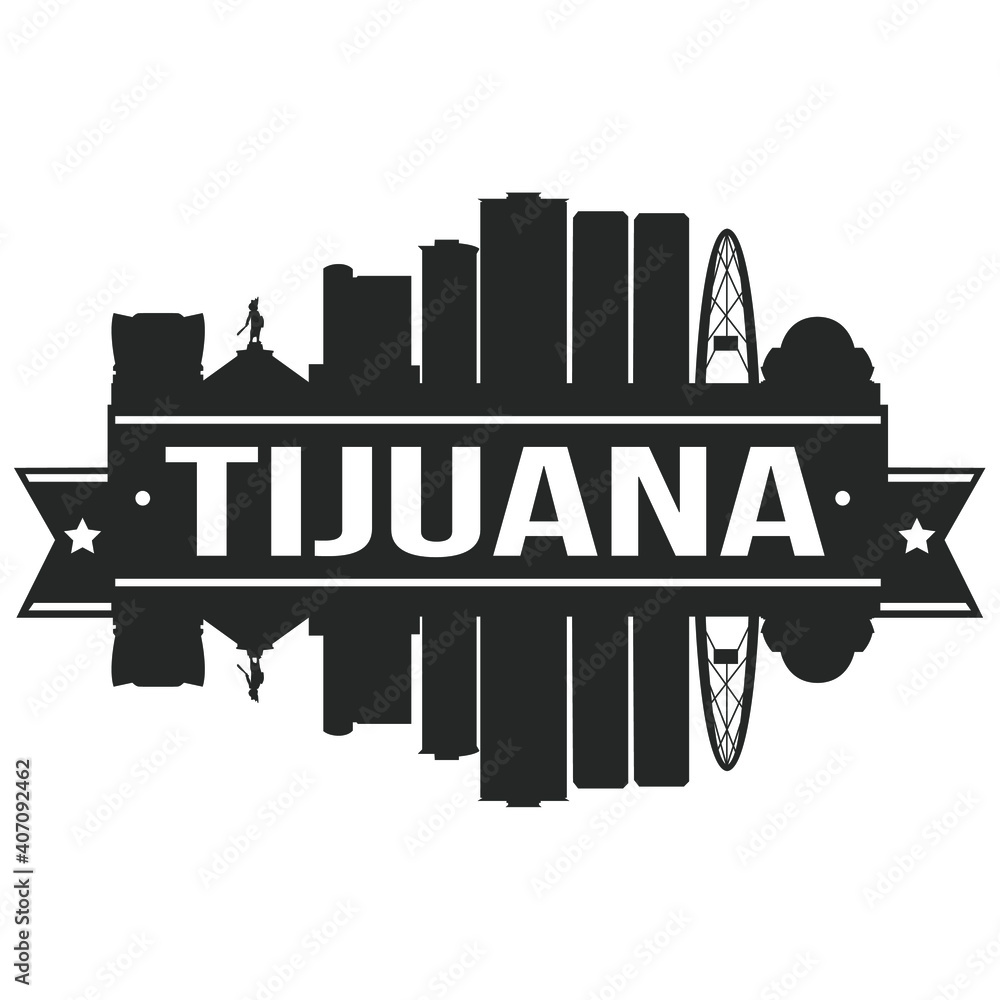 Tijuana Mexico Skyline Silhouette Design City Vector Art Famous Buildings Stamp Stencil.