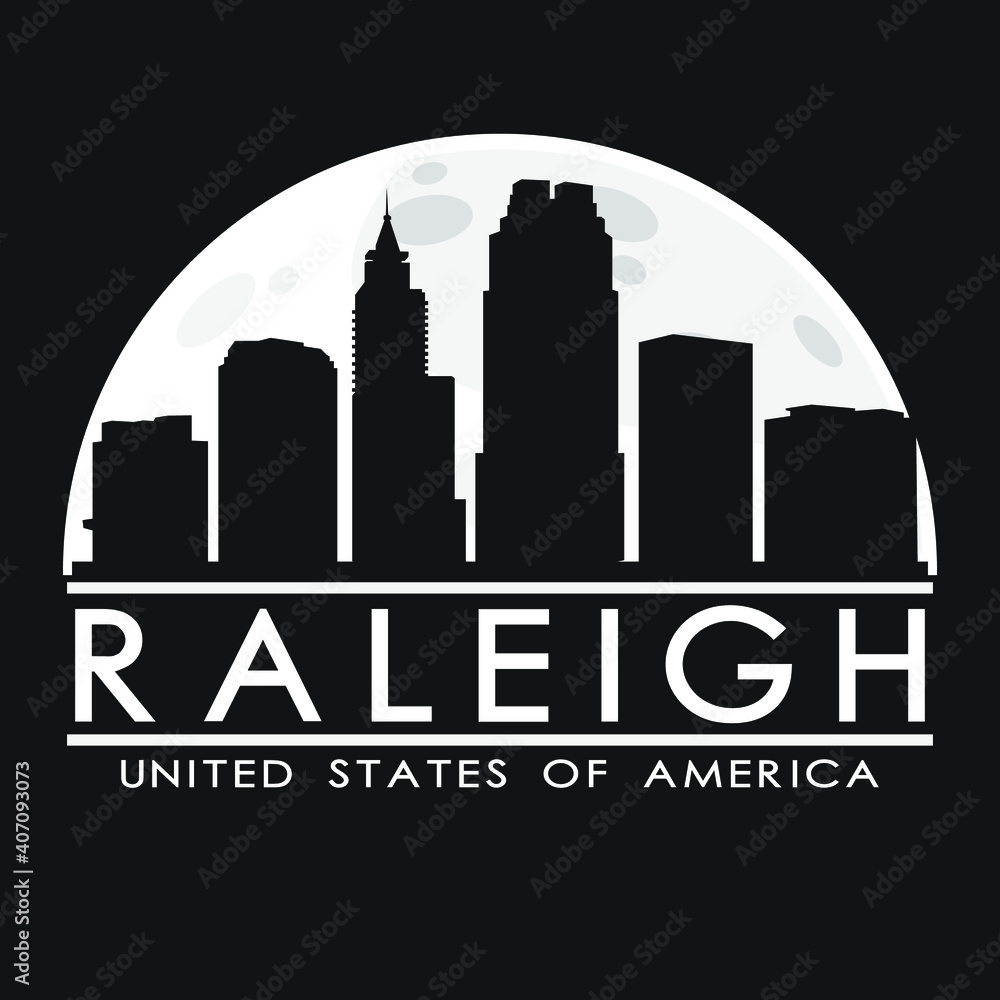 Raleigh Full Moon Night Skyline Silhouette Design City Vector Art Background.