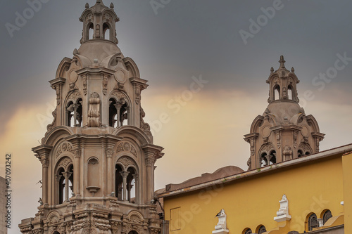 Upper dome of Virgen Milagrosa church in Mira Flores, Lima, Peru at dusk photo