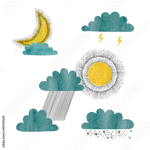 Set of watercolor sun, moon...