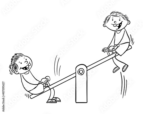 Kids having fun. Hand drawn black and white  illustration of kids on a teeter totter. Vector EPS. 