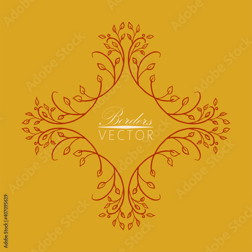 Abstract border or frame in hand drawn vector illustration on gold fortuna color background, elegant symmetrical leaves in floral pattern in fancy red vine or ivy design, luxury sketch