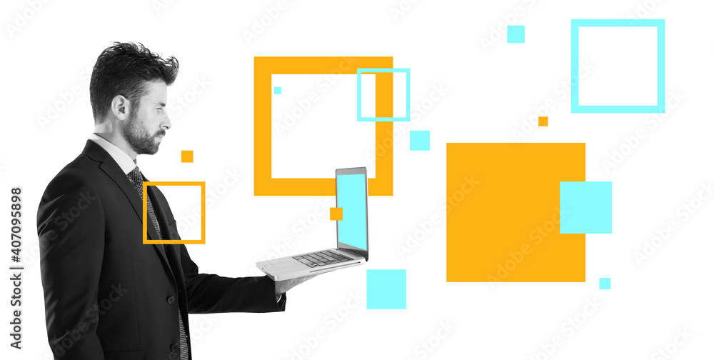 Fototapeta premium Businessman works with his laptop and shared data via internet. Isolated on white background