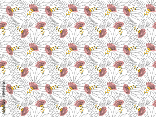Seamless pattern of childish cute stylized flowers chamomile or chrysanthemum with black hatching in Scandinavian style on white background. Cartoon floristic doodles. For fashion, wallpaper. Vector.