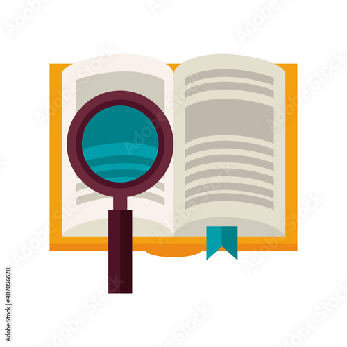 text book with magnifying glass education supply