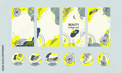Social media stories, posts, highlights, banner templates. Abstract organic minimal trendy vector backgrounds with copy space for text. In gray and yellow colors with leaves and flowers outlined.