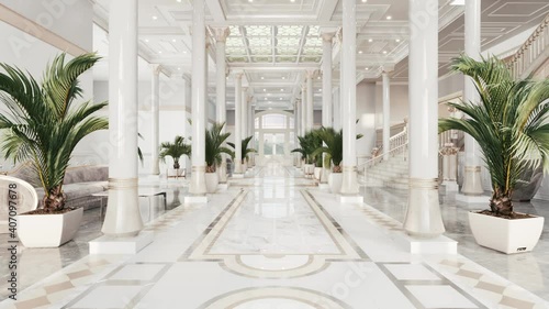 Interior of a classic hall with columns. Luxurious hotel lobby interior. Hotel Design. 3d visualization. photo