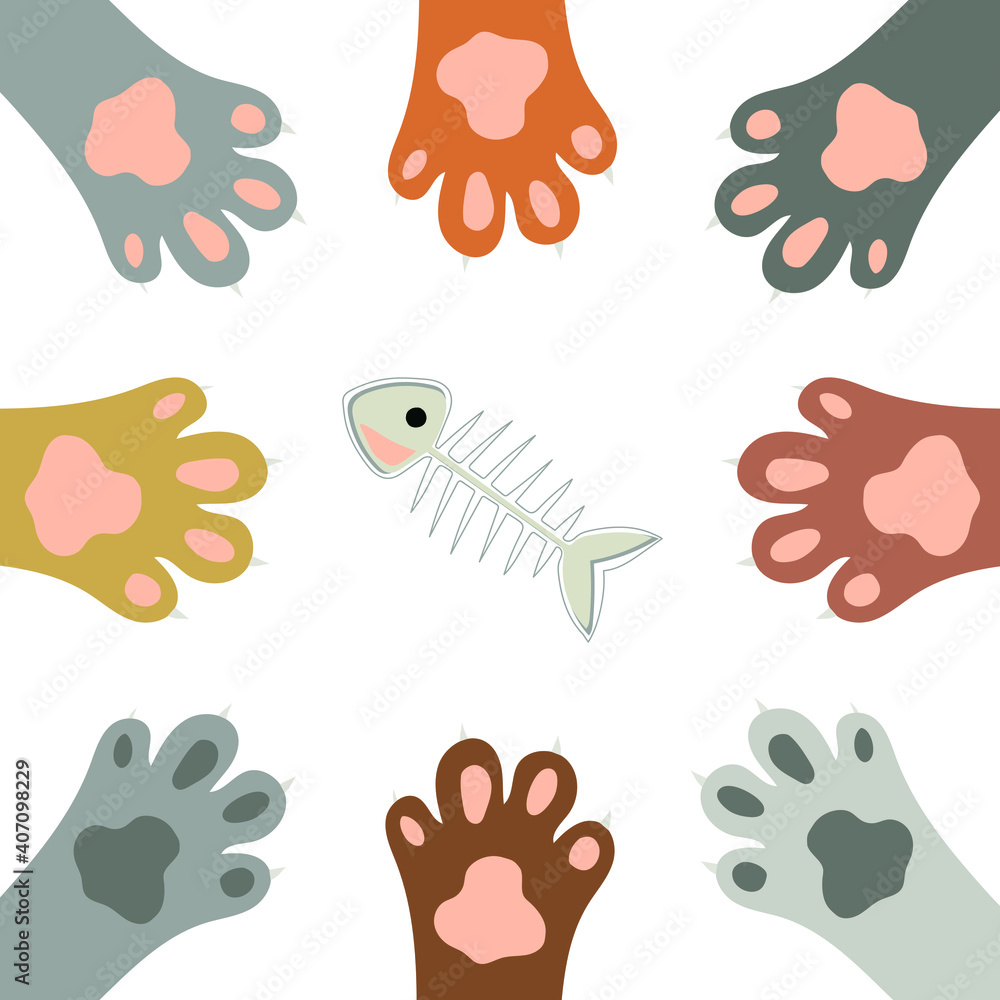 Multi-colored paws of cats that catch fish. Cute vector illustration for printing on pillow, gliders, t-shirts, covers, fabrics.