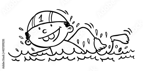 Swimming boy. Hand drawn black and white  illustration of a swimming boy. Vector EPS. 