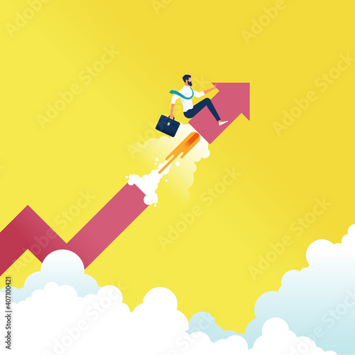 Business Start up and growth success concept, Businessman sitting on top of big arrow and moving forward representing growth and success