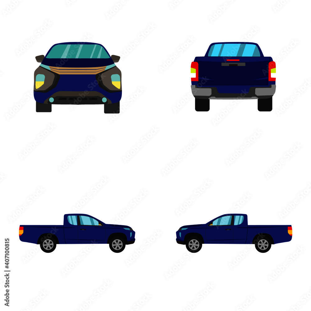 set of blue smart cab pick up truck on white background