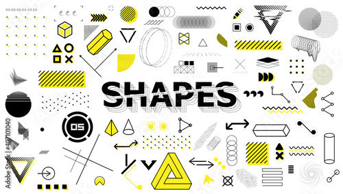 Geometric sign, shapes, elements in memphis style. Universal graphics design elements, trendy retrofuturism shapes in minimal style. Geometric shapes and trending abstract elements. Vector set