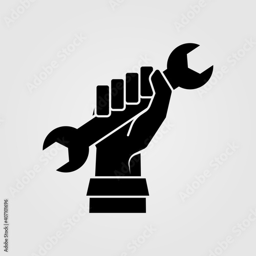 Hand holding wrench icon. Worker, repair service symbol.
