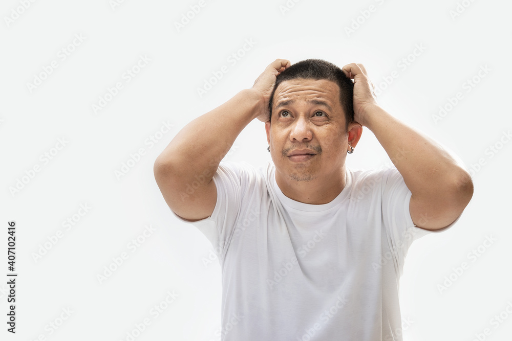 stressed with hand on head. Asian man fears and upset for mistake. Sad looking at camera with shocked, isolated on white background. stressed with hand on head. Asian man fears and upset for mistake. Sad looking at camera with shocked, isolated on white background.