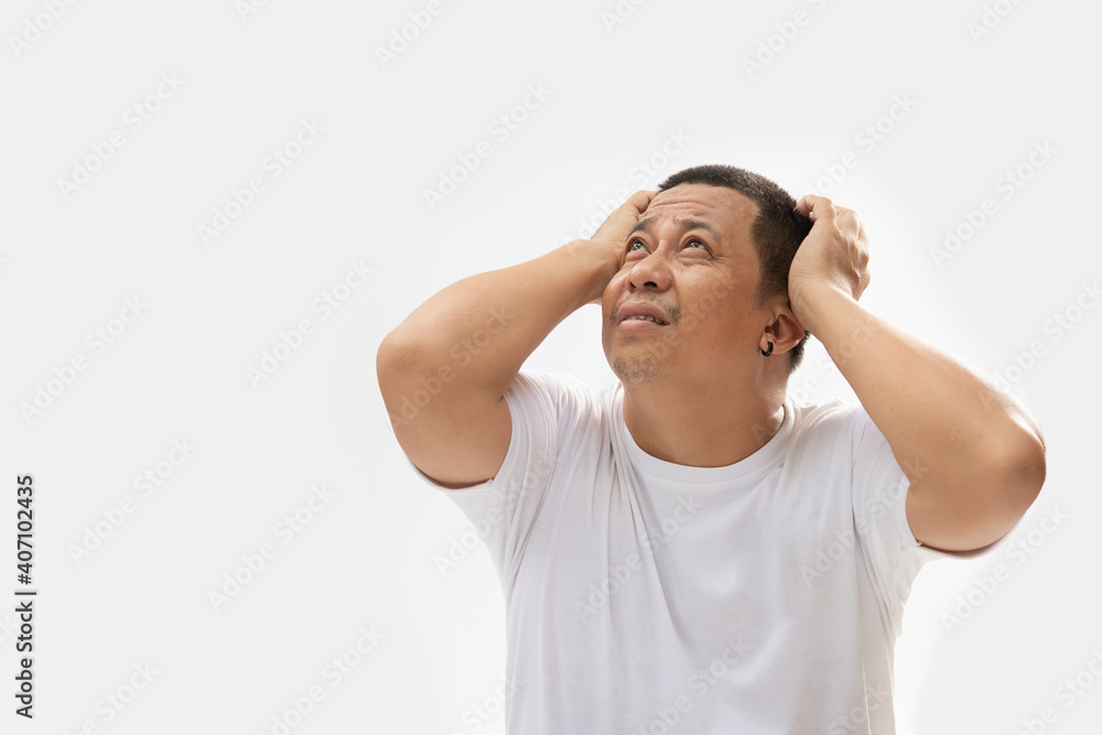 stressed with hand on head. Asian man fears and upset for mistake. Sad looking at camera with shocked, isolated on white background. stressed with hand on head. Asian man fears and upset for mistake. Sad looking at camera with shocked, isolated on white background.