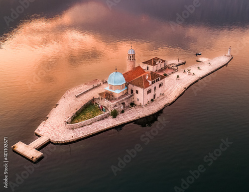 Aerial photo of Our Lady of the Rocks islands near Perast town in Kotor bay photo
