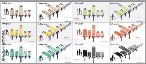 12  bidirectional histogram infographic  in 2D and 3D (isometric) and 6 different colorization (5 different dual tones and 1 scale of grey). Data are invented just to provide a demo