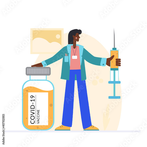 Vaccine against COVID-19 virus. Prevention injection, immunization. Coronavirus infection treatment. A black female doctor holds a large syringe and a virus vaccine in her hand.
