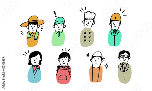 いろんな職業の8人似顔絵イラスト