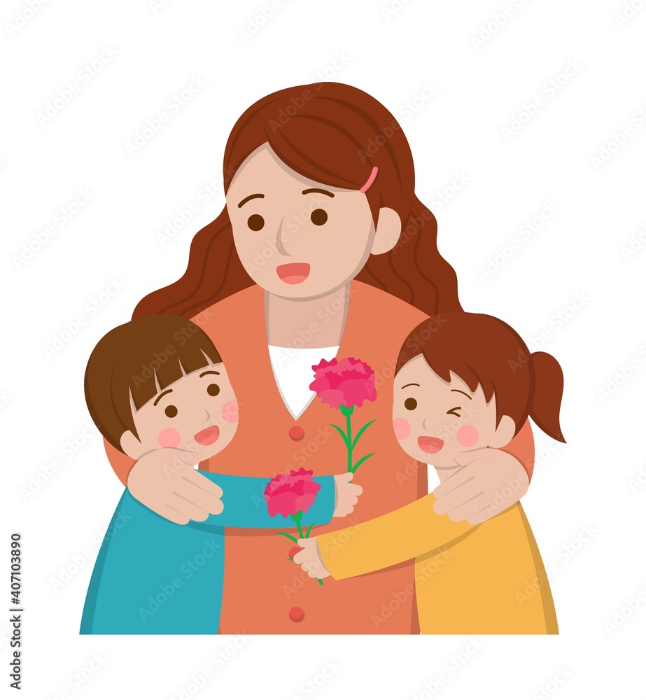 Mother's Day comic characters vector illustration, mother and daughter with son celebrating holiday with carnation
Mother's Day comic characters vector illustration, mother and daughter with son celebrating holiday with carnation