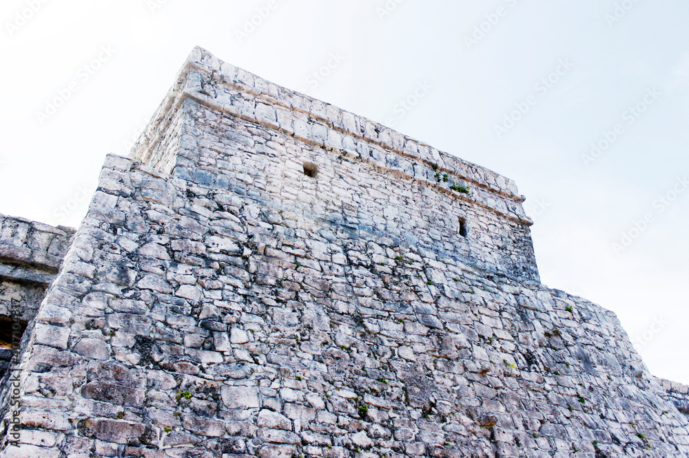 Panoramic of pre-Hispanic architecture in the ruins of the Mayan culture built in Tulum Quintana Roo