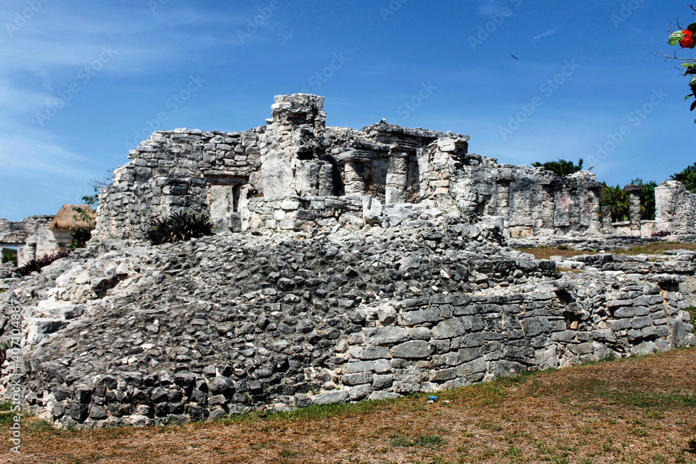 Panoramic of pre-Hispanic architecture in the ruins of the Mayan culture built in Tulum Quintana Roo