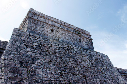 Panoramic of pre-Hispanic architecture in the ruins of the Mayan culture built in Tulum Quintana Roo