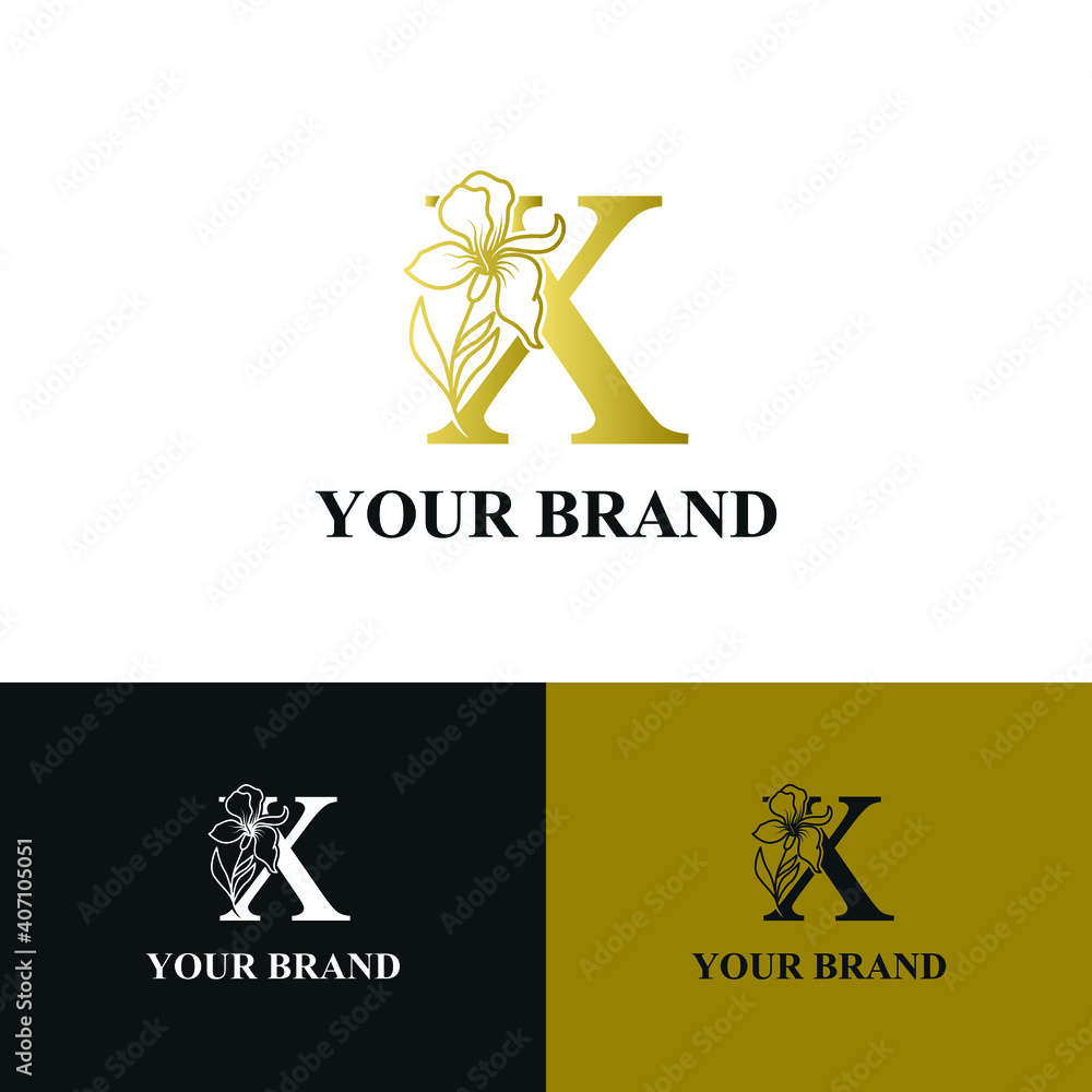 Golden Luxury Initial letter x with February Iris flower for cosmetic, Jewelry, boutique, hotel logo concept vector