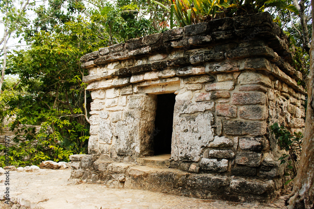Panoramic of pre-Hispanic architecture in the ruins of the Mayan culture built in Tulum Quintana Roo