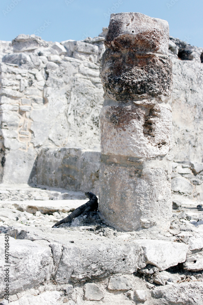 Panoramic of pre-Hispanic architecture in the ruins of the Mayan culture built in Tulum Quintana Roo
