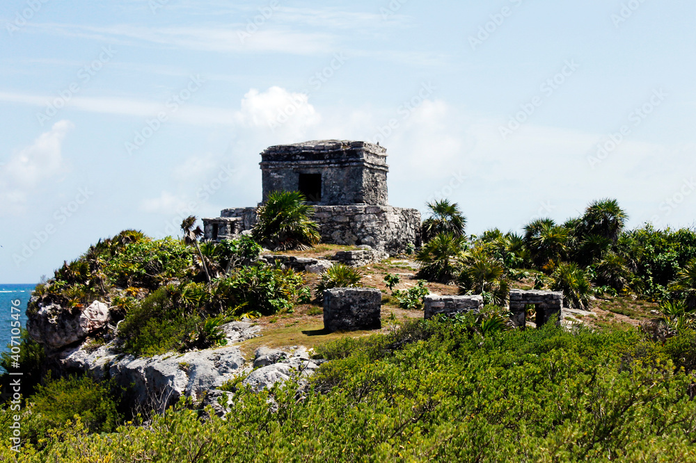 Panoramic of pre-Hispanic architecture in the ruins of the Mayan culture built in Tulum Quintana Roo