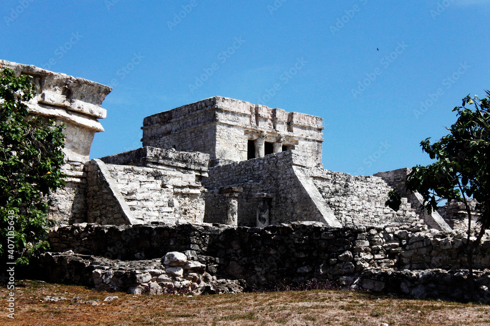 Panoramic of pre-Hispanic architecture in the ruins of the Mayan culture built in Tulum Quintana Roo