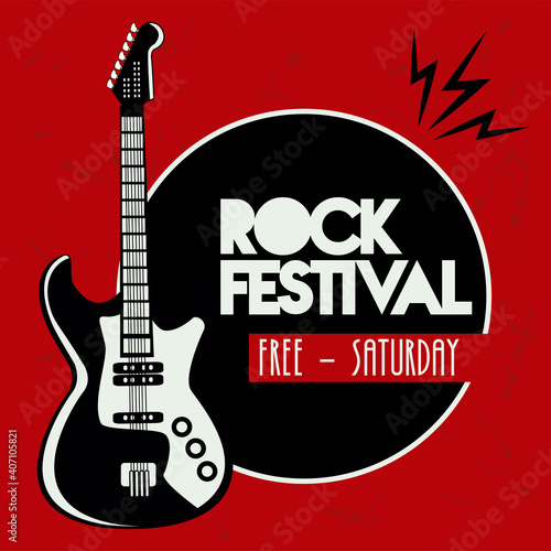 rock live festival lettering poster with electric guitar instrument