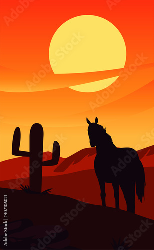 wild west sunset scene with horse and cactus desert