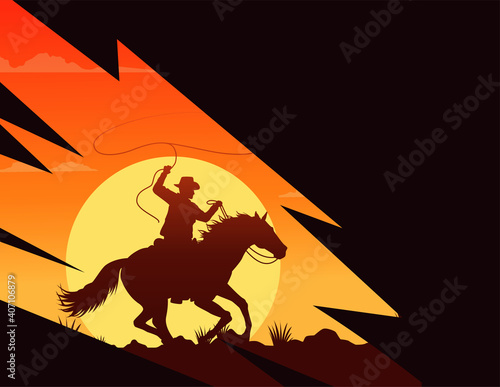Valokuvatapetti wild west sunset scene with cowboy in horse lassoing