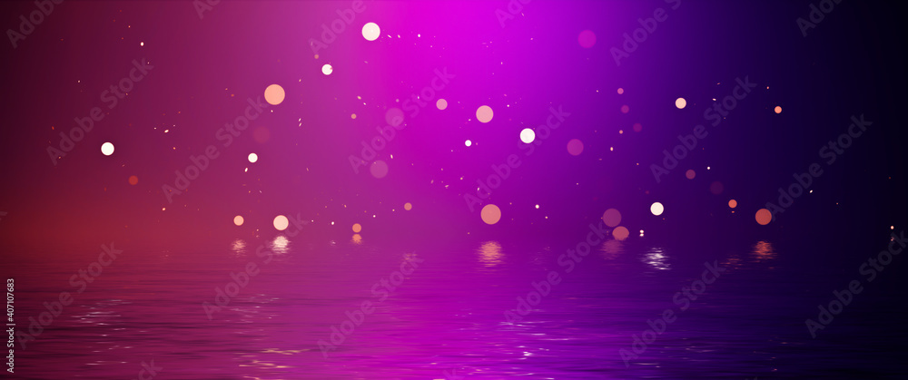 Blurred Purple bokeh background with copy space. Abstract luxury glitter effect boke. Sparkling magical dust particles. Magic concept, defocused . Reflection in water.