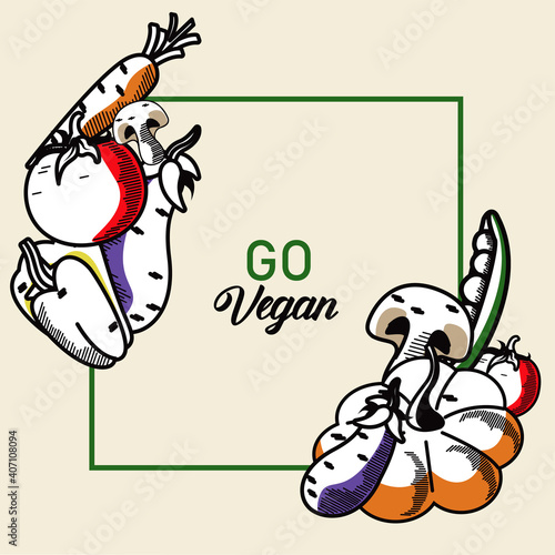 go vegan lettering poster with vegetables in square frame