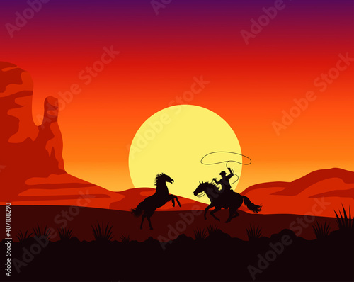 wild west sunset scene with cowboy lassoing horse